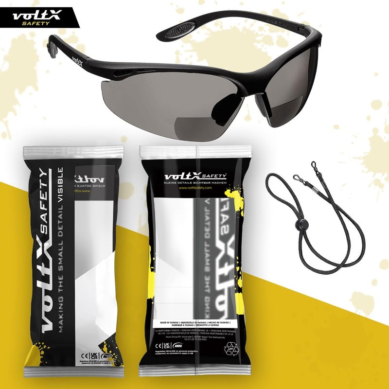 voltX 'CONSTRUCTOR' BIFOCAL Reading Safety Glasses (SMOKE/GRAY +2.0 Dioptre) ANSI Z87.1+ & CE EN166F, certified/Cycling Sports Glasses includes safety cord + UV400 anti fog coated lens - Image 5